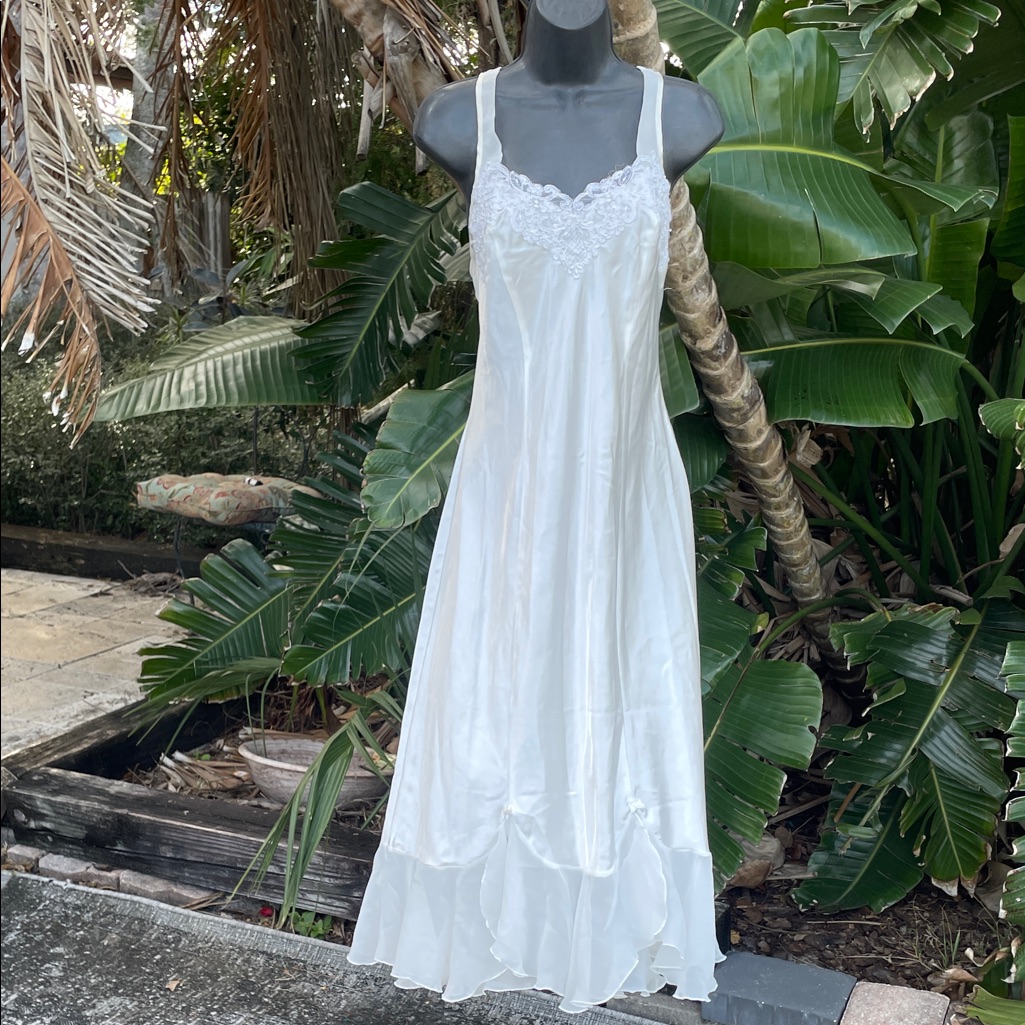 Linea Donatello Lace Trim, And Pearl Beaded Ruffle Slip, Dress Or Nightgown